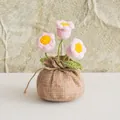 Detail of handmade crochet pink lily of the valley in rustic burlap sack pot - Pink (3 Heads)