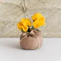 Detail of handmade crochet yellow carnations in a rustic brown burlap pot with twine - Double Head Carnation Lucky Bag / Orange