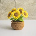 Handmade crocheted sunflower potted plant with five blooms and green leaves in brown pot - Bright Yellow