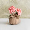 Handmade crochet pink carnation potted plant with rustic burlap base for home decor - Double Head Carnation Lucky Bag / Pink