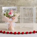 Handmade pink knitted bouquet set with crochet roses and sunflowers in a clear gift box - Gradient Pink Medium Style (渐变粉玫瑰-中PET盒)