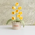 Handmade crochet yellow lily of the valley potted plant with handmade leather label - Lily of the Valley Yellow