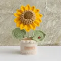 Handmade crochet sunflower potted plant with red ladybug detail and leather tag - Sunflower Deep Yellow
