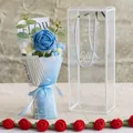 Handmade crochet blue rose bouquet in clear gift box with Hello Perfect branding - Small Box / Deep Blue Style (玫瑰-深蓝小PET盒)