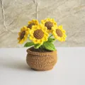 Handmade crochet sunflower potted plant with five bright yellow knitted flowers - Multi-head Sunflower