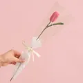 Handmade pink crochet tulip flower with green leaves in elegant gift packaging - Tulip Deep Pink