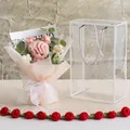 Handmade pink crochet carnation bouquet gift set with transparent gift bag - Pure Pink Carnation Medium Style (纯粉康乃馨-中PET盒)