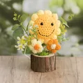Handmade crochet sunflower plant in natural wood base for home office tabletop decor - Smiley Sunflower