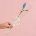 Handmade knitted blue tulip flower with white ribbon in a transparent gift bag - Tulip Blue