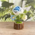 Handmade crochet blue and white rose flower in a rustic wooden pot for home decor - Rose Gradient Blue
