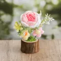 Handmade crochet pink rose and yellow daisy on a natural wood base desktop ornament - Rose Gradient Pink