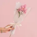 Handmade pink knitted lily flower bouquet with LOVE YOU wrapping and cream ribbon - Blooming Tulip Pink