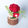 Handmade red crochet rose plant with wooden base and green moss tabletop decoration - Red Rose Style