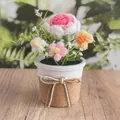 Handgehäkelte Topfblumen mit rosa-gelben Blüten und mit Hanfseil umwickeltem Sockel - Rosa Farbverlauf Rose - Großer Topf