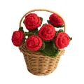 Handmade crochet red rose bouquet in a woven brown basket for desktop decor - Red Rose Flower Basket