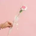 Handmade knitted pink rose with LOVE IS ETERNAL ribbon in clear gift packaging - Rose Gradient Pink