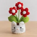 Handmade crochet Lily of the Valley in a white cat pot with red knitted flowers - White Cat Pot Base / Puff Flower Red