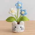 Handmade crochet cat flower pot with blue and white flowers for desktop decor - White Cat Pot Base / Puff Flower Blue