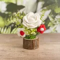 Handgefertigte gehäkelte weiße Rose in Holzbasis mit Moos und Blättern verziert - Weiß