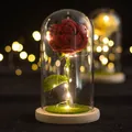 Handmade crochet red rose night light with LED glass dome and wooden base for decor - Rose Red