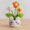 Handmade crochet flowers in a white cat-shaped knitted pot for cute desk decoration - White Cat Pot Base / Puff Flower Yellow
