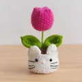 Handmade crochet pink tulip in a white cat-shaped pot tabletop decorative ornament - Big Head Tulip Deep Pink