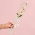 Handmade crocheted white flowers bouquet with green leaves and LOVE IS ETERNAL ribbon gift - 7-Head Forget-Me-Not White