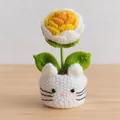 Handmade crochet forget-me-not flower in a white cat-shaped pot tabletop decor - Gradient Yellow Rose