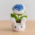Handmade crochet puff flower in a cute white bunny planter pot for desk decoration - Rose Gradient Blue - Cat Pot