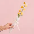 Handmade yellow crochet lily flower with green leaves and Love Is Eternal ribbon - 7-Head Forget-Me-Not Yellow