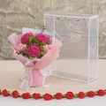 Handmade crochet bouquet with three magenta roses in a transparent gift bag with bow - Rose Red Bouquet Large Style (新款玫瑰玫红3朵-大PET盒)