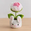 Pink knit rose plant in a cute rabbit crochet pot for handmade home decoration - Rose Gradient Pink - Rabbit Pot