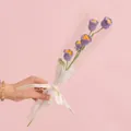 Handmade knitted purple tulip bouquet with white ribbon and Love Is Eternal message - 5-Head Lily of the Valley Purple