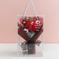 Handmade crochet flower bouquet with red roses in transparent PVC gift bag with handles - Ranunculus Red (With Gift Box)