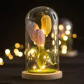 Veilleuse tulipes au crochet faite main sous dôme de verre avec LED et socle bois - Tulipe 2 Rose 1 Jaune