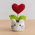 Handmade crochet red heart potted plant in a white cat-shaped knitted base - Heart Red