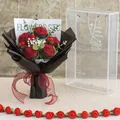 Handmade crochet rose flower bouquet in a clear gift bag with red and green yarn petals - Red Bouquet Large Style (新款玫瑰红色5朵-大PET盒)