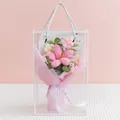 Pink and white handmade crochet flower bouquet in a transparent gift bag with ribbon - Blooming Tulip Light Pink (With Gift Box)