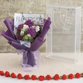 Handmade crochet bouquet with purple roses and daisies in a clear gift carrier bag - Deep Purple Bouquet Large Style (新款玫瑰深紫色5朵-大PET盒)