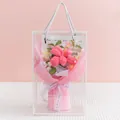 Handmade knitted flower bouquet with pink roses in a transparent gift tote bag - Blooming Tulip Dark Pink (With Gift Box)