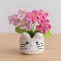 Handmade crochet white cat pot with pink and purple knitted flowers on wood table - 6-Head Forget-me-not Gradient Pink - Cat Pot