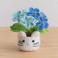 Handmade crochet blue puff flowers in a cute cat-shaped pot tabletop decoration - 6-Head Forget-me-not Gradient Blue - Cat Pot