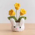 Handmade knitted yellow tulip potted plant with white rabbit base for desk decoration - 3-Head Lily of the Valley Yellow - Rabbit Pot