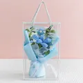 Hand-knitted blue crochet flower bouquet in transparent gift box with silk ribbon - Blooming Tulip Light Blue (With Gift Box)