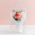 Pink and red handmade crochet flower bouquet in a clear PVC gift bag with handles - Open Rose Gradient Dark Pink (With Gift Box)