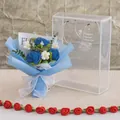Bouquet crocheté à la main avec roses bleues et sac cadeau pour fête des mères et fêtes - Bouquet de Roses Bleues (3 Fleurs - Grande Boîte en PET)