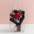 Handmade crochet red rose bouquet in transparent gift bag with ribbon for gifting - Open Rose Red (With Gift Box)