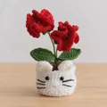 Handmade crochet Lily of the Valley with red flowers and a cute white cat-shaped base - 2-Head Red Carnation - Cat Pot