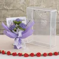 Bouquet de roses au crochet fait main en emballage violet avec sac cadeau transparent - Bouquet Mauve Clair Ensemble de 3 (Nouveau Design Rose, 3 Fleurs, Grande Boîte PET)