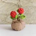 Handmade crochet red rose plant in miniature burlap pot with two blooming flowers - Red Pine Cone Style